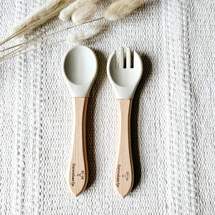 Siliconen Lepel en Vork met Bamboe handvat - Beige - Afbeelding 2